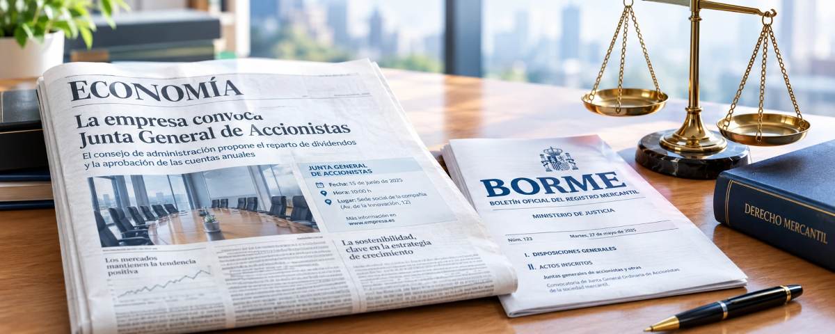 Periódico económico con un anuncio de convocatoria de Junta General de Accionistas junto a un ejemplar del BORME, sobre una mesa de despacho