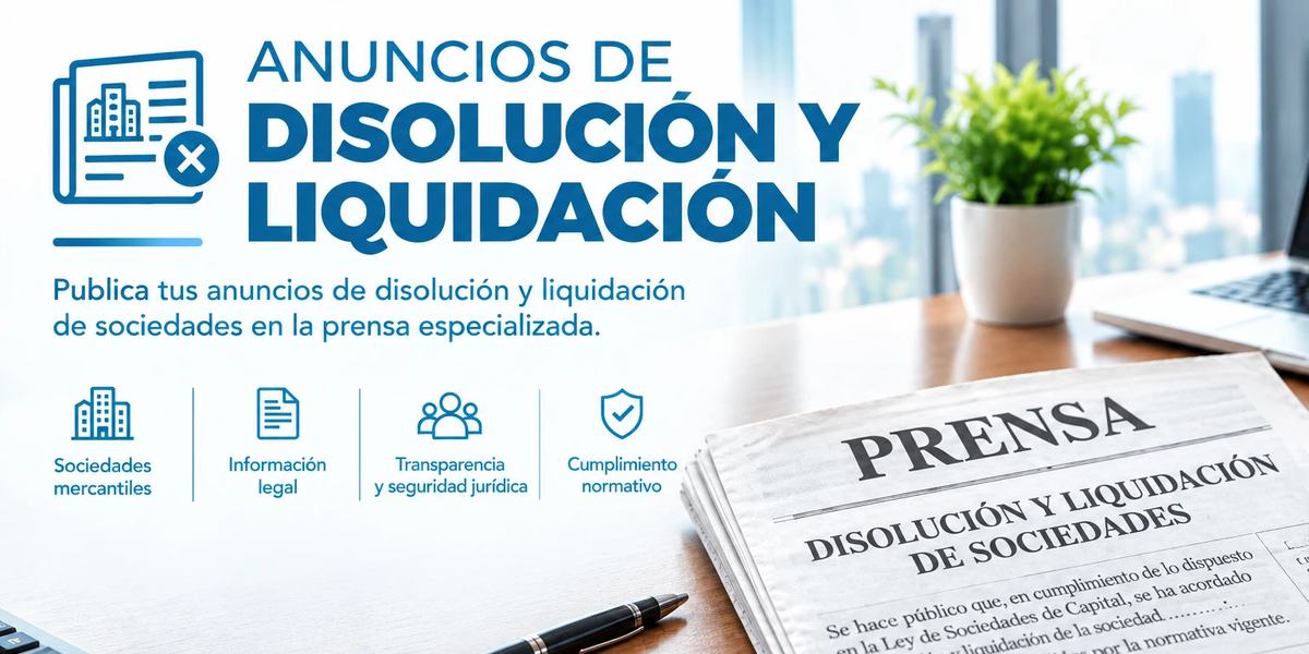 Anuncios de disolución y liquidación de sociedades: publica tus anuncios de disolución y liquidación de sociedades en la prensa especializada. Sociedades mercantiles, información legal, transparencia y seguridad jurídica, cumplimiento normativo. Periódico sobre una mesa con un anuncio de disolución y liquidación de sociedades.