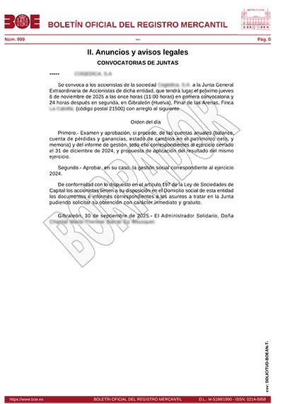 Ejemplo de anuncio publicado en el BORME